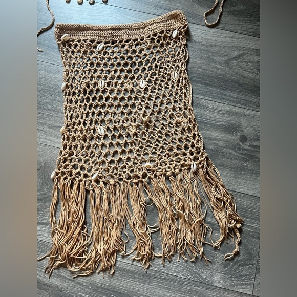 SHEIN Puka Shell Tan Crochet Bikini w Matching Drawstring Sarong Skirt. Size M L - Picture 13 of 16